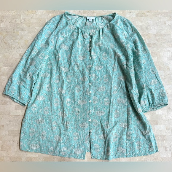 J. Jill Tops - J.Jill Women's Sz L Green Floral Print Peasant Blouse Top Boho 100% Cotton